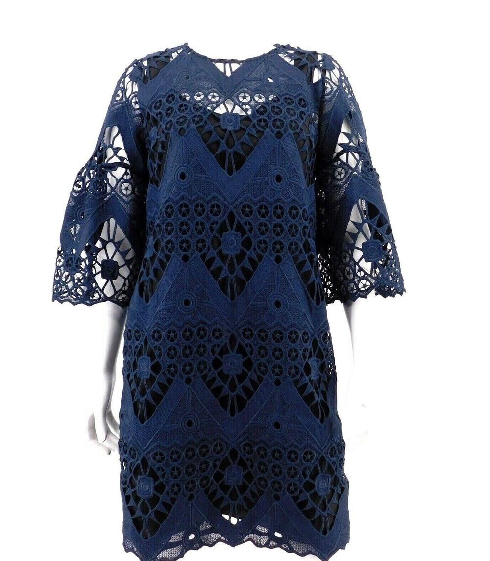 Mika Mindel Navy Blue Geometric Lace Overlay Bell Sleeve Dress Womens  Sz XS